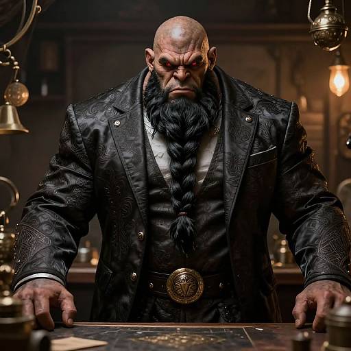 Photograph of a muscular, bald, bearded man with intense expression, wearing a black, ornate leather jacket, standing in a dimly lit