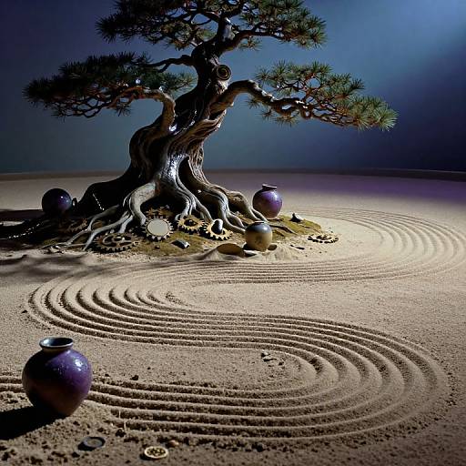 Photograph of a bonsai tree with twisted trunk, surrounded by three purple vases, on a sandy raked garden path under blue light.