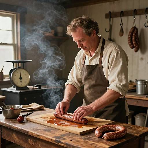 Photograph of a middle-aged man with curly hair, wearing a white shirt and brown apron, smoking sausages on a wooden table in a