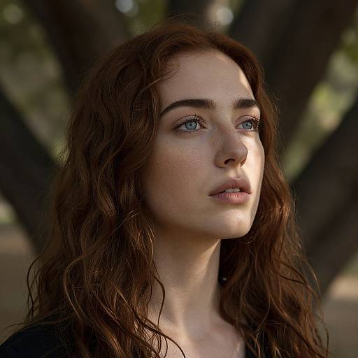 Photograph of a young woman with wavy brown hair, blue eyes, and freckles, gazing upward in soft sunlight, with blurred tree