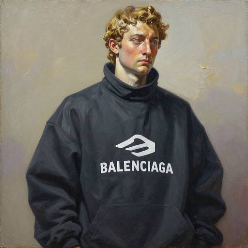 Realistic oil painting of a young man with curly blond hair, wearing a black Balenciaga hoodie, against a muted beige background.
