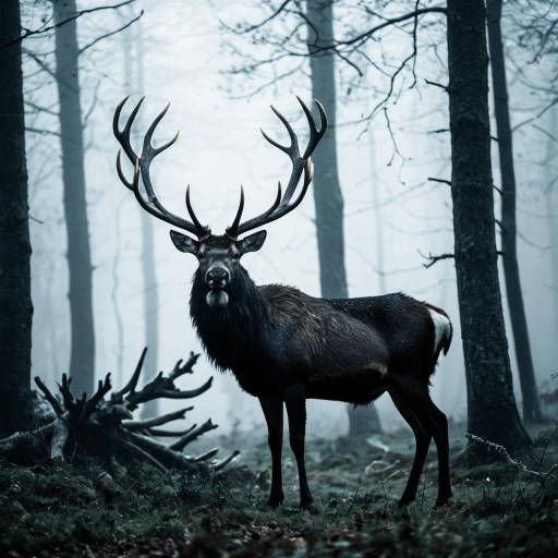 Black Stag in Foggy Forest Black Stag in Foggy Forest