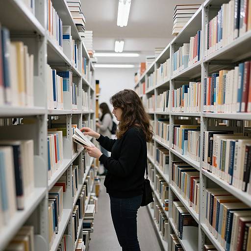 Photograph of a young woman with curly brown hair, wearing a black blouse and jeans, browsing books in a brightly lit, narrow library aisle with tall