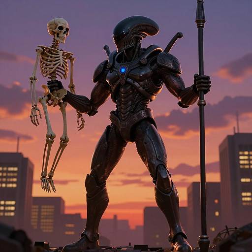 Muscular Alien Warrior in Dark Cityscape