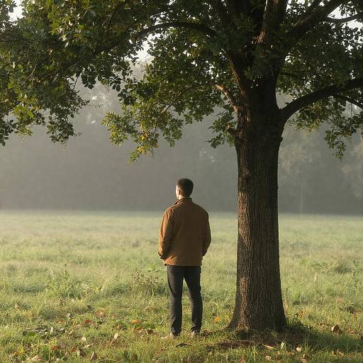 Sunlit Foggy Meadow: Man Under Tree