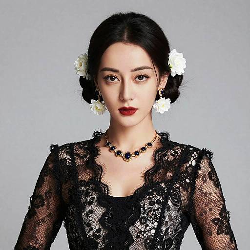 Elegant Woman with Floral Hair and Black Lace Top