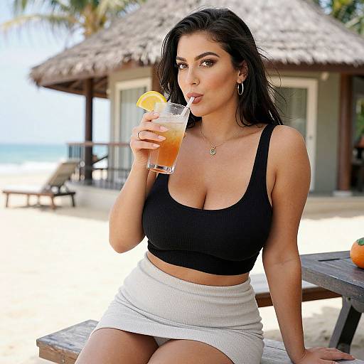 Photograph of a dark-haired woman with olive skin, wearing a black crop top and white skirt, sipping a drink with an orange slice on a