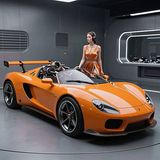 Photograph of a sleek, bright orange sports car with a woman in an orange dress standing beside it in a futuristic, dimly-lit showroom.