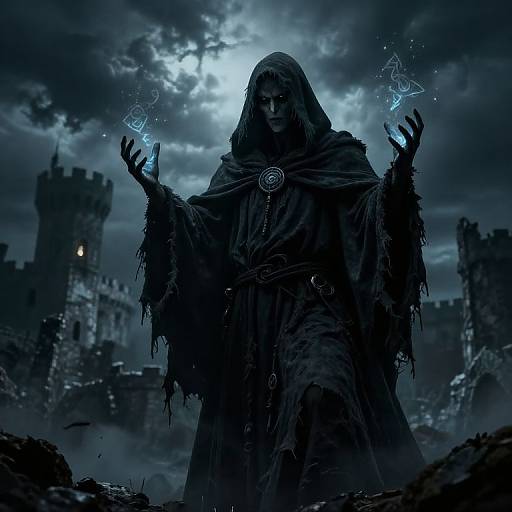 Mysterious robed figure with glowing blue hands and ethereal symbols, standing in a dark, stormy medieval castle landscape. Digital artwork.