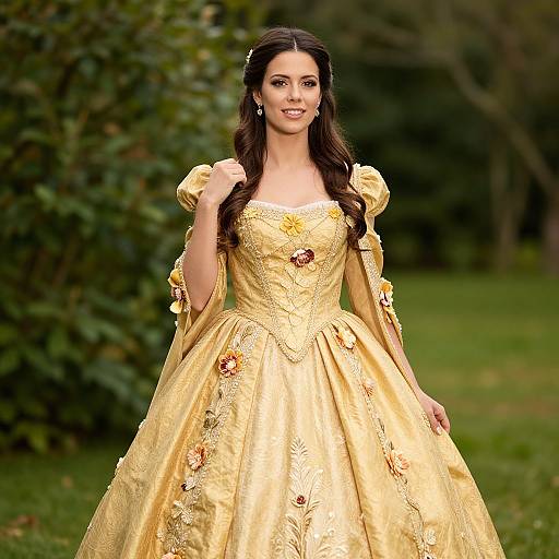 Photograph of a beautiful woman with long dark hair wearing an elaborate, yellow, floral-embellished ball gown, standing in a lush green garden