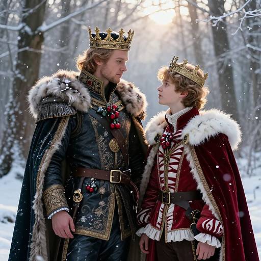 Photograph of two young royalty in winter forest, wearing ornate gold crowns, black and red fur-trimmed medieval robes, gazing loving