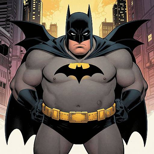 Digital comic art of a muscular Batman with dark gray skin, black mask, cape, and yellow belt, standing in a cityscape at sunset.