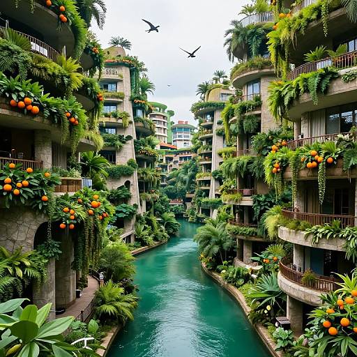 Photograph of a lush, green, futuristic urban canal lined with balconies adorned with orange trees, surrounded by palm trees and plants, with a bird