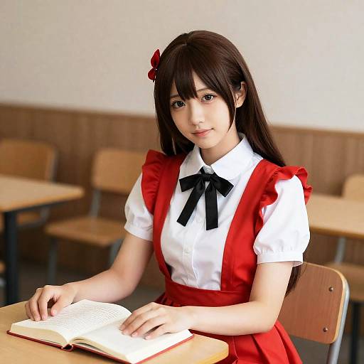 Photograph-style digital artwork of an Asian woman with long black hair, red dress, white blouse, black bow, reading in a classroom.