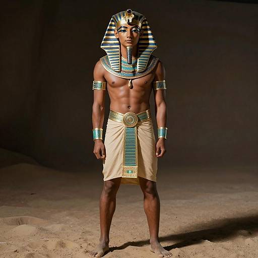 Photograph of a muscular, dark-skinned man in an Egyptian pharaoh's costume, featuring a striped nemes headcloth, gold and turquoise jewelry