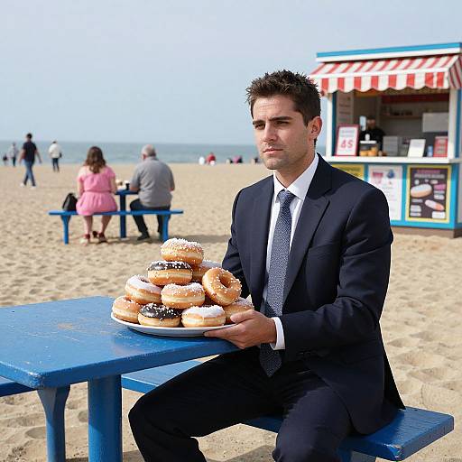 Photograph of a serious, dark-haired man in a black suit and tie, sitting at a blue beach table, holding a plate of donuts with