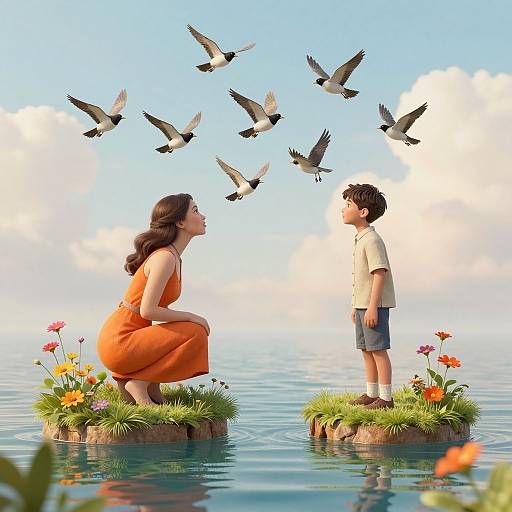 Digital illustration: Woman in orange dress and man in white shirt and blue shorts stand on floating flower islands, facing each other, with birds flying above serene