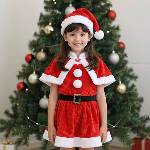 Photograph of a young Asian girl in a red Santa dress with white trim, black belt, and Santa hat, smiling in front of a decorated Christmas