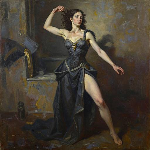 Baroque-style painting of a pale-skinned, dark-haired woman in a black, corseted gown with gold accents, posing gracefully in a dim