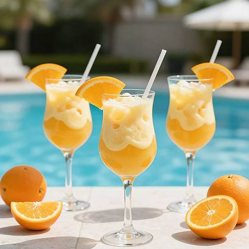 Photograph of three tall glasses with orange juice, ice, and orange slices, each with a straw, by a sunlit pool, surrounded by whole