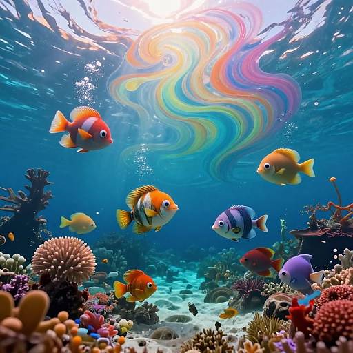 Vibrant underwater photograph of colorful fish swimming among coral reefs, with sunlight filtering through the water, creating a rainbow effect.