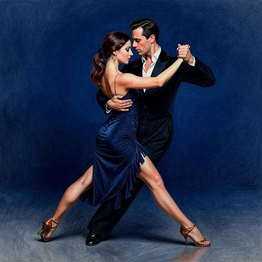 Photograph of a dancing couple in elegant black attire, with the woman in a fringed dress and brown heels, and the man in a black suit