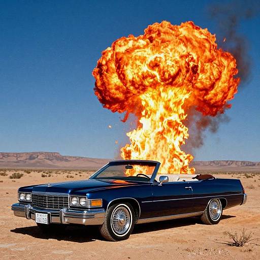 Photograph of a blue classic convertible car exploding in a desert, with large, bright orange flames and black smoke against a clear blue sky.