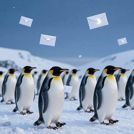 Photograph of several Emperor penguins standing in snow, with four glowing white envelopes floating in the blue sky above them.