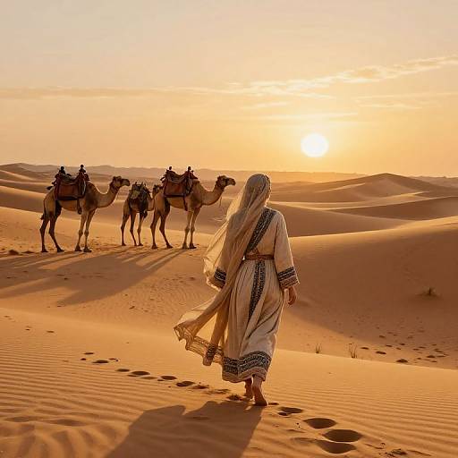 Photograph of a woman with long white hair in traditional desert attire walking in orange sand dunes at sunset, followed by three camels. Golden sunlight