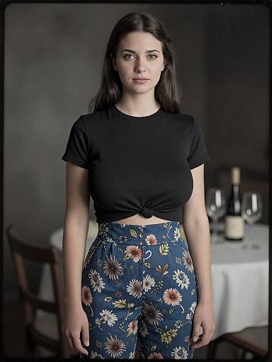 Photograph of a young woman with fair skin and dark brown hair, wearing a black tied crop top and blue floral pants, standing in a dimly
