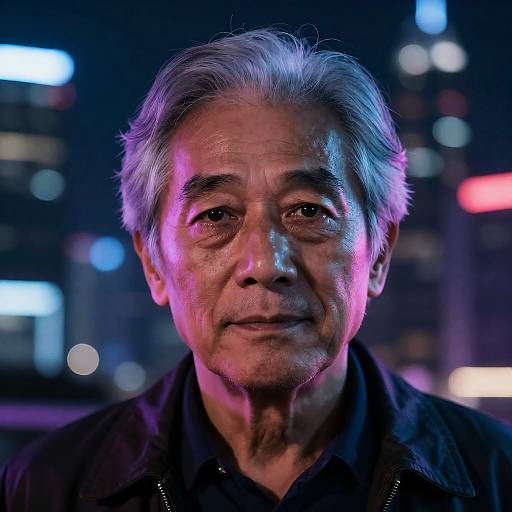 Photograph of an older Asian man with gray hair, dimly lit by city lights, wearing a black jacket, with a neutral expression. Urban night