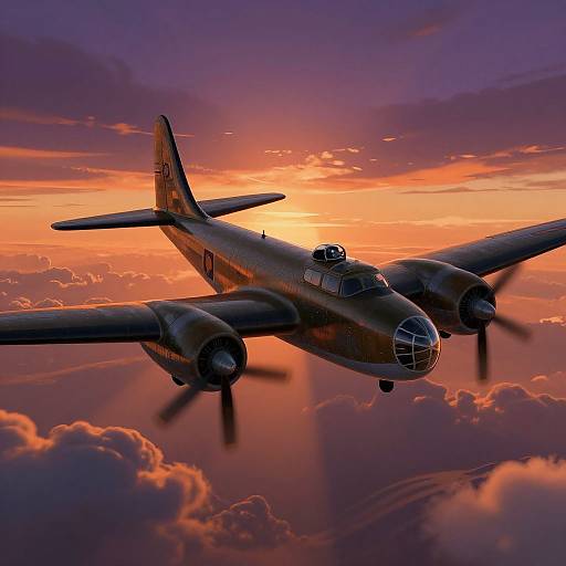 Photograph of a WWII-era bomber aircraft with four propellers, flying through a dramatic, colorful sunset sky with vibrant orange and purple clouds.