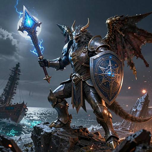 Armored Gryphon Sentinel on Moonlit Promontory