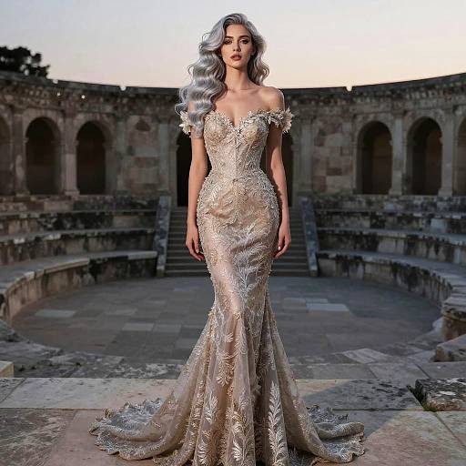 Photograph of a silver-haired woman in an off-shoulder, lace-embellished, form-fitting, mermaid-style gown, standing