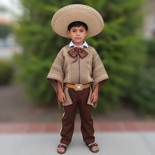 Photograph of a young boy with short black hair, wearing a large Mexican sombrero, brown traditional outfit, white shirt, brown pants, sandals,