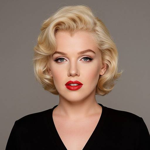 Photograph of a blonde woman with vintage-style, wavy hair, red lipstick, blue eyes, and black blazer against a gray background.