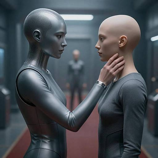 Metallic Mesh Woman Touches Disembodied Head