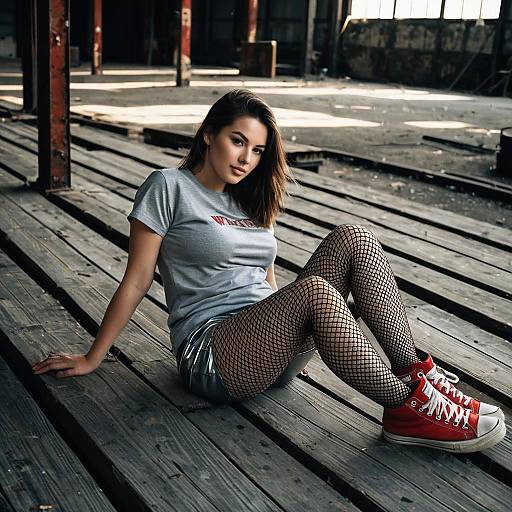 Young Woman in Casual Fashion Sitting on Warehouse Floor