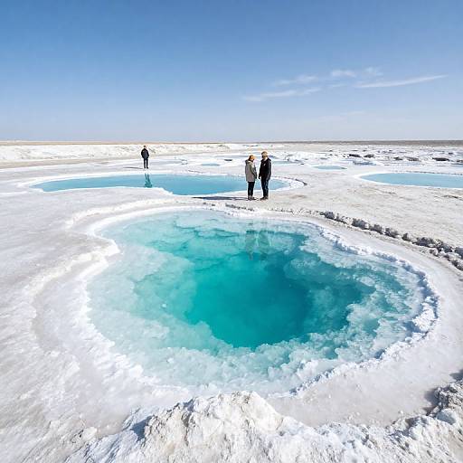 Photograph of a bright, icy landscape with three people standing near a vibrant blue, circular ice hole under a clear, blue sky.