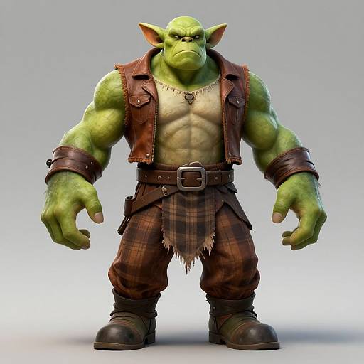 CGI orc standing, muscular green-skinned, large ears, red leather vest, plaid kilt, brown boots, wristbands, stern expression