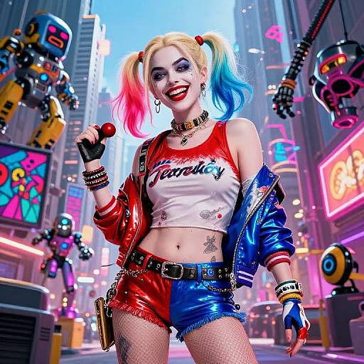 Digital art of Harley Quinn in neon city, wearing red and blue leather jacket, 