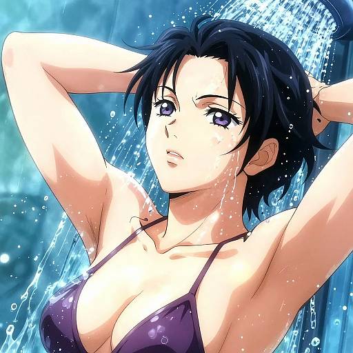Digital anime-style drawing of a black-haired, purple-eyed woman with large breasts, under a shower, water cascading down her body, wearing a revealing