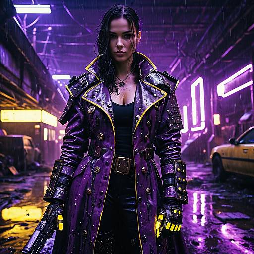 Cyberpunk Woman in Military Coat with Neon Lights