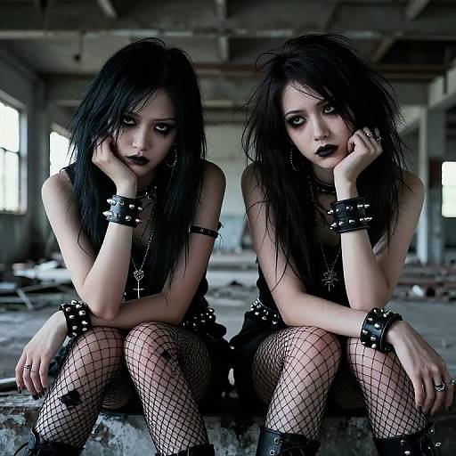 Photograph of two gothic women with black hair, heavy makeup, black clothing, fishnet stockings, and spiked bracelets, sitting in a dilapid