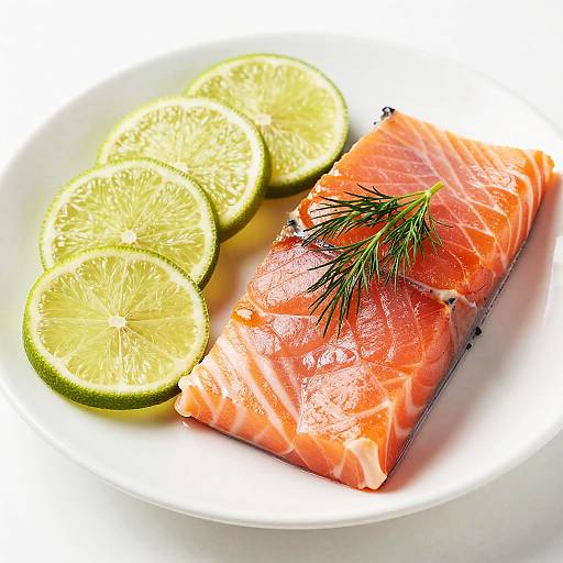 Photograph of a fresh, vibrant orange salmon fillet garnished with a sprig of dill, served on a white plate with three lemon slices