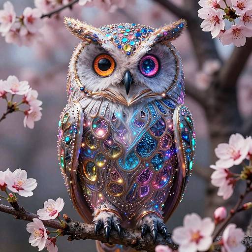 Magical Satire Bioluminescent Cherry Blossom Owl