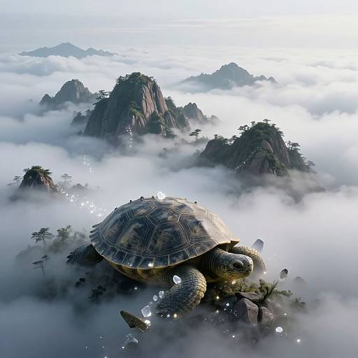 CGI image of a large turtle with a textured shell, surrounded by misty clouds, floating over mountainous islands with sparse trees.