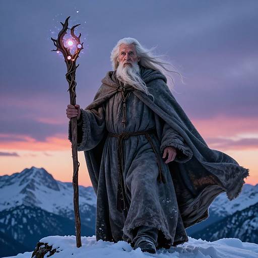 Photograph of an elderly, white-bearded wizard in a dark, fur-collared robe, holding a glowing, twisted staff, standing on snow