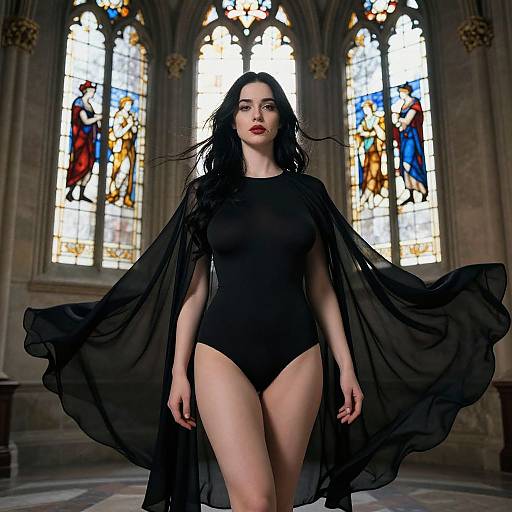 Photograph of a pale-skinned, dark-haired woman in a black one-piece leotard and flowing black cape, standing in front of Gothic stained