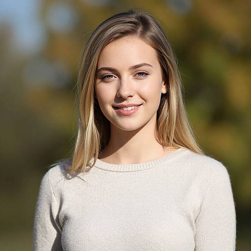 Photograph of a young woman with light skin, straight blonde hair, and blue eyes, smiling softly. She wears a white knit sweater, set against